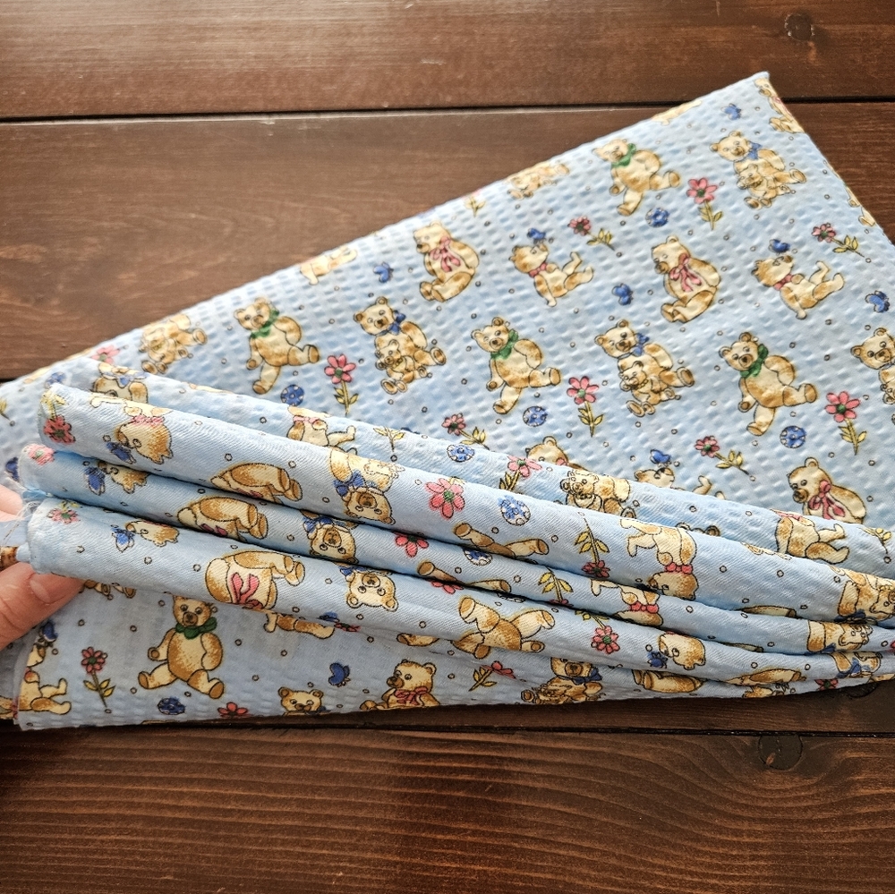 Vintage Light Blue Textured Sewing Fabric with‎ Teddy Bear and Flowers Pattern